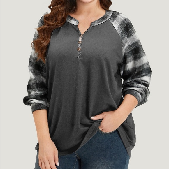 BloomChic Tops - BloomChic Black and Gray Plaid Sleeve Henley Top Plus Size 2X